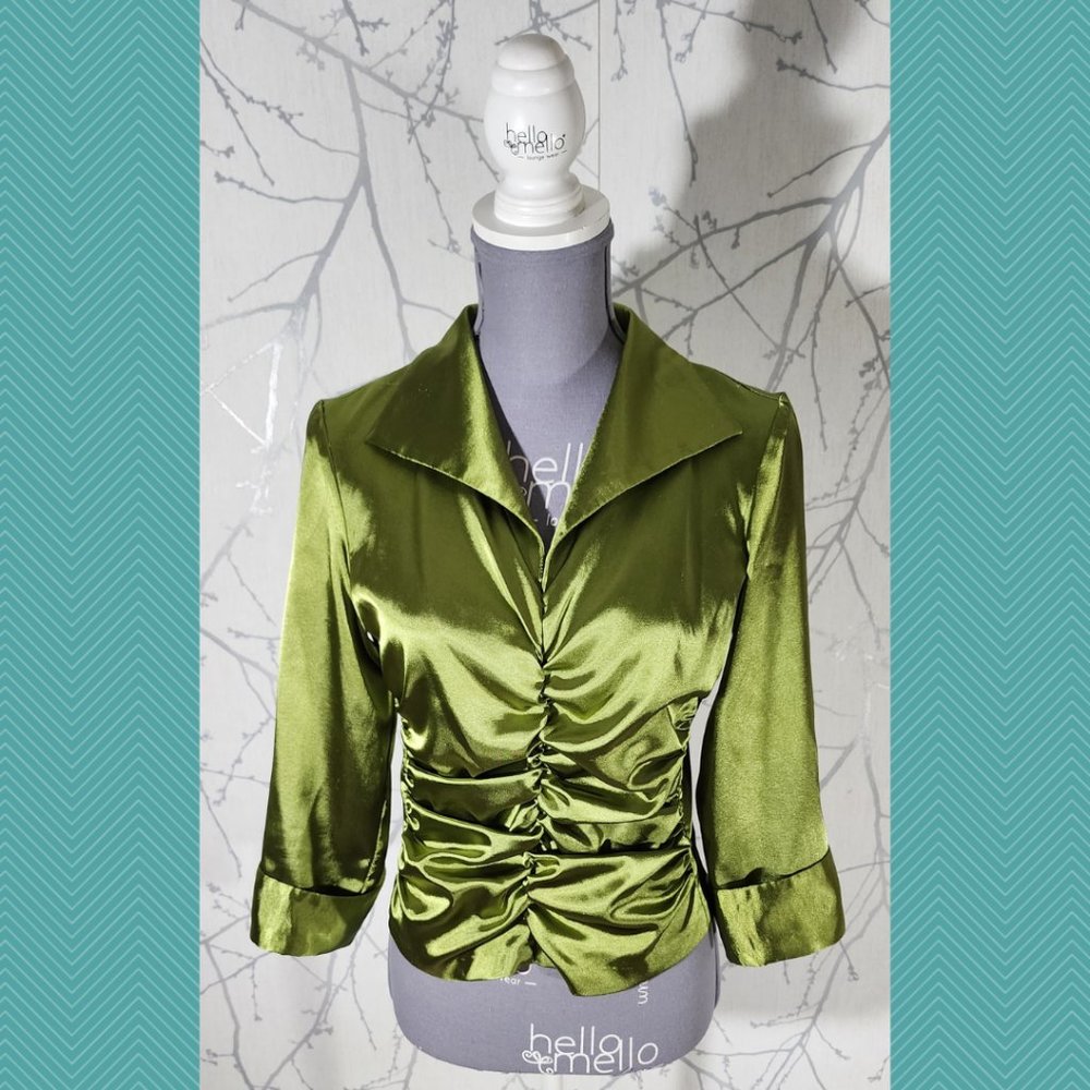 JS Boutique Metallic Chartreuse Green Ruched Front Cropped Blouse